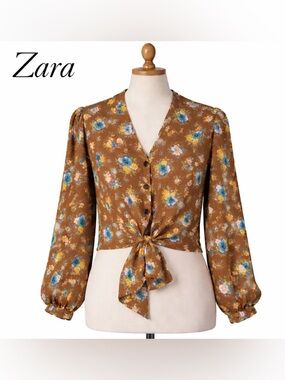 Zara Floral Tie Front Blouse Brown | Vintage Style Boho Top. Women’s L.
